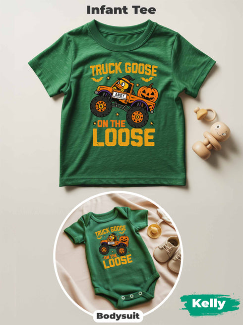 Personalized Baby “Truck Goose On The Loose” Halloween Outfit – Custom Bodysuit & Infant Tee
